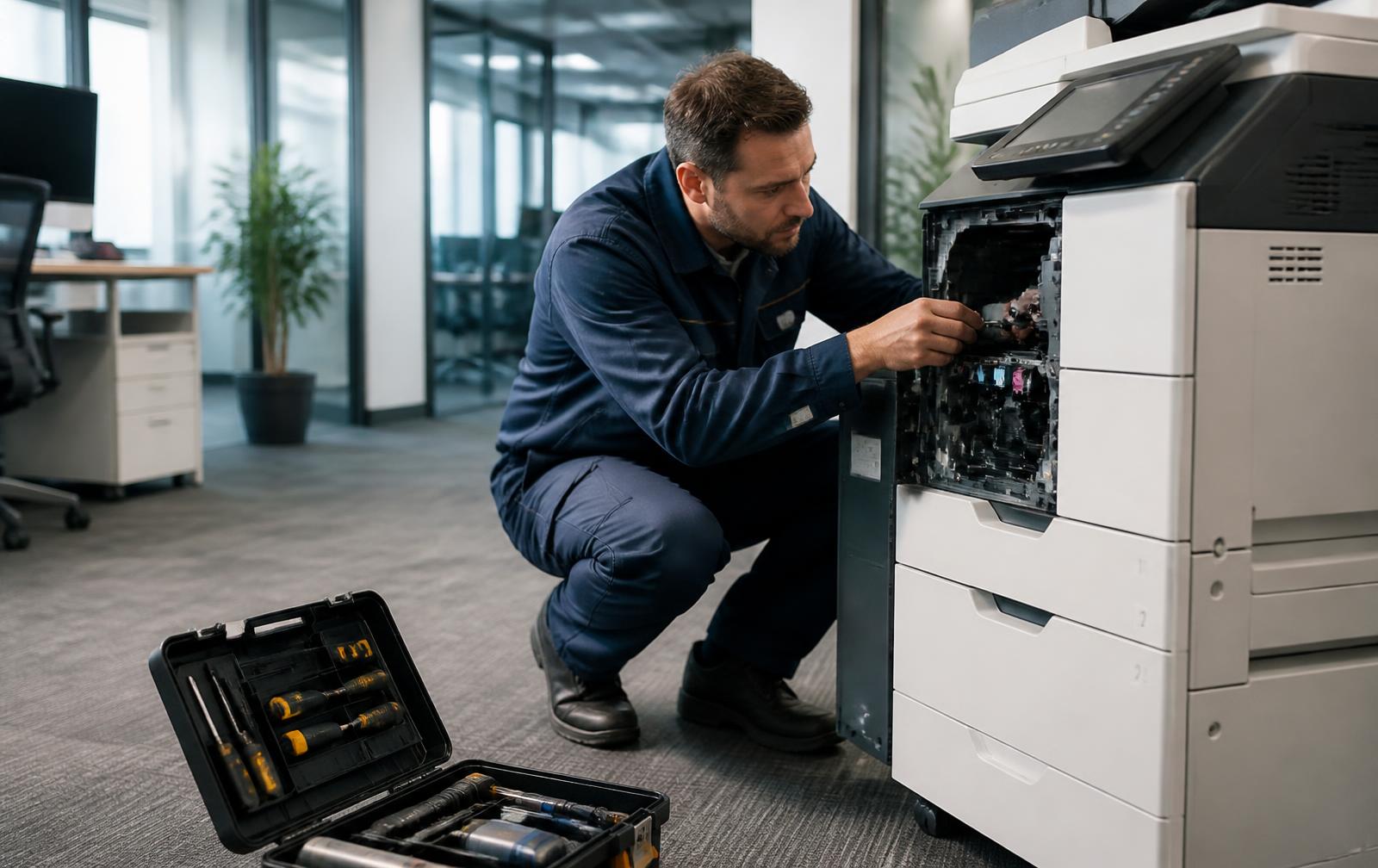 Technician repairing an office copier in Sugar Land, Texas