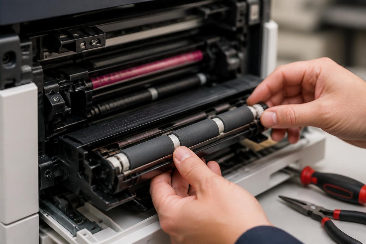 Technician repairing an office copier in Sugar Land, Texas